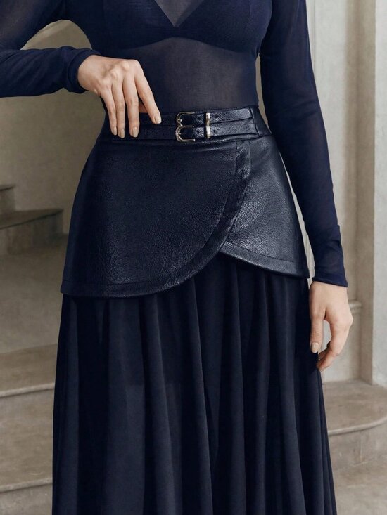 MODA ME COUTURE Dresses & Skirts - Navy Blue Casual Women's Scallop Belted Draped Flared Chiffon Long Skirt